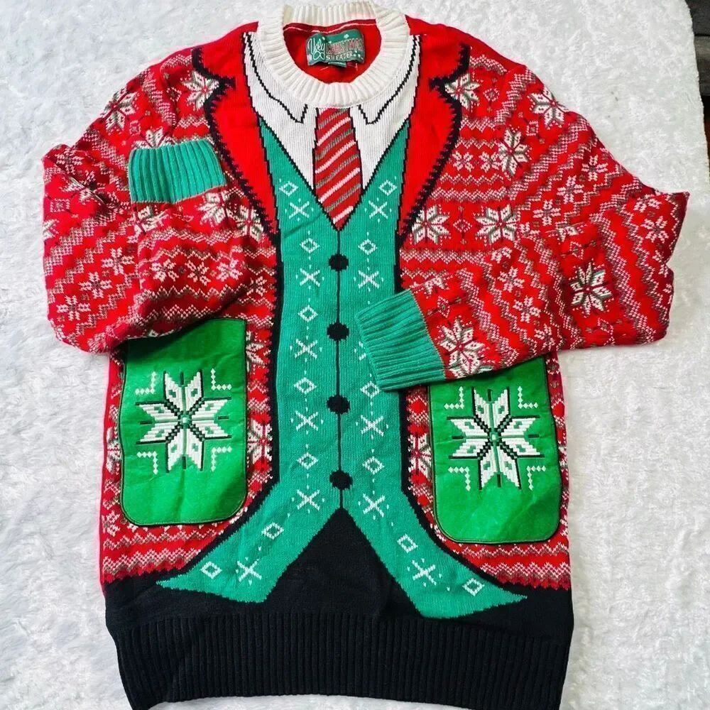 Ugly Christmas Sweater Womens Green Snowflake Suit Pockets Sweater Medium NWOT